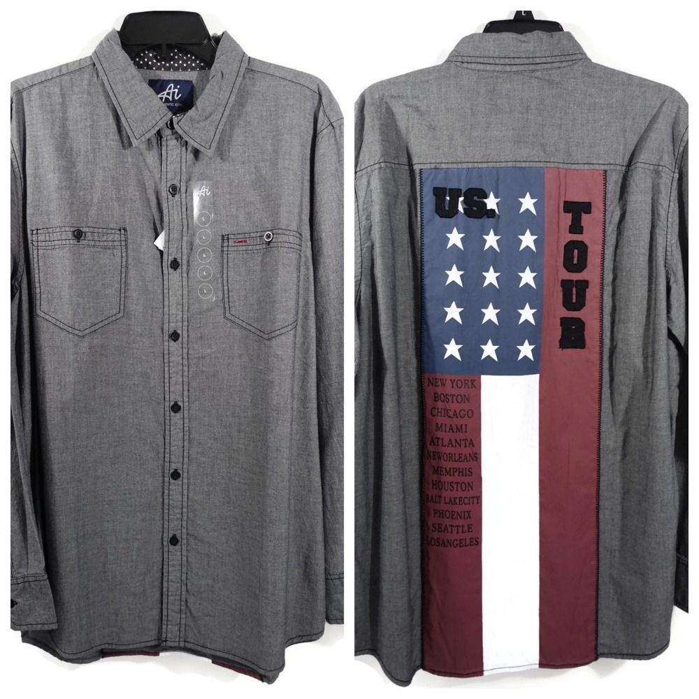 Authentic Icon Men Shirt Small Black Chambray Button Down Western American Flag